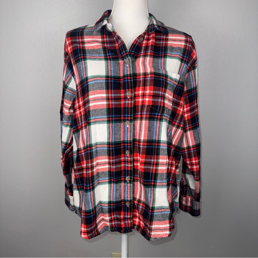 Old Navy Women’s Medium Red, Blue, Green Plaid‎ Top Button Front Grunge Outdoor